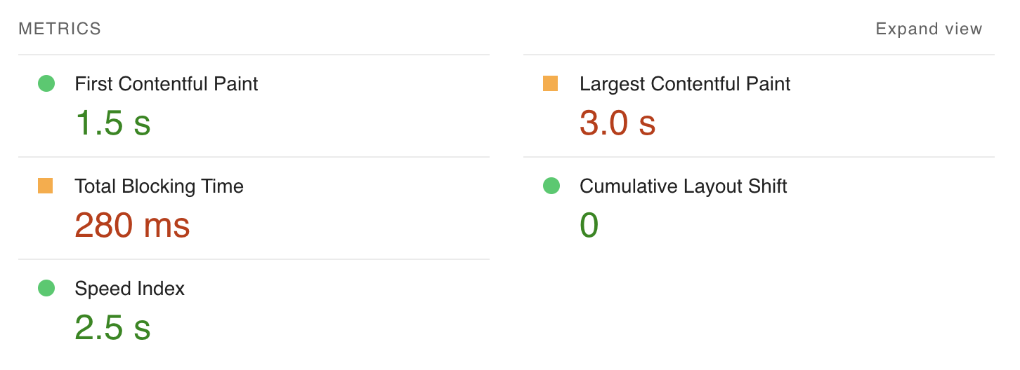 pagespeed metrics screenshot